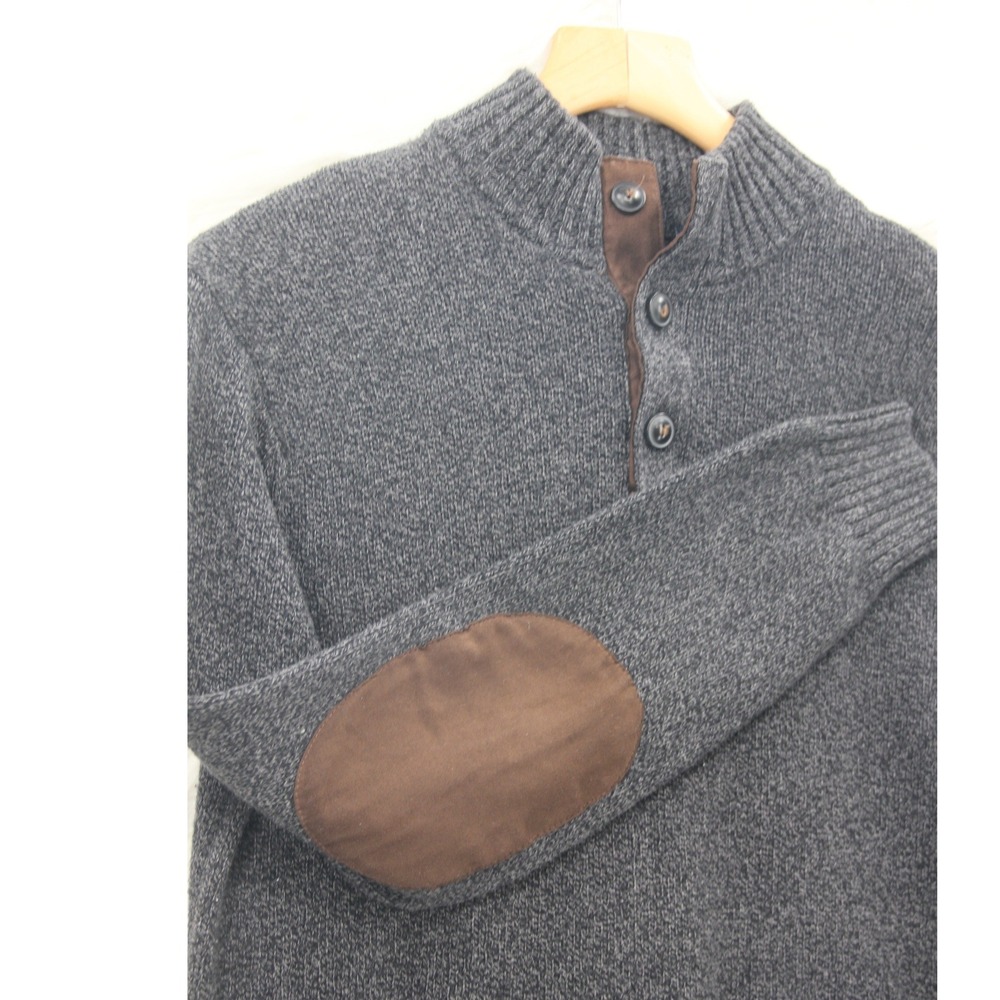 Chaps 1/4 Button Placket Sweater Gray Cotton Mens M Sueded Elbow Patch Cabincore